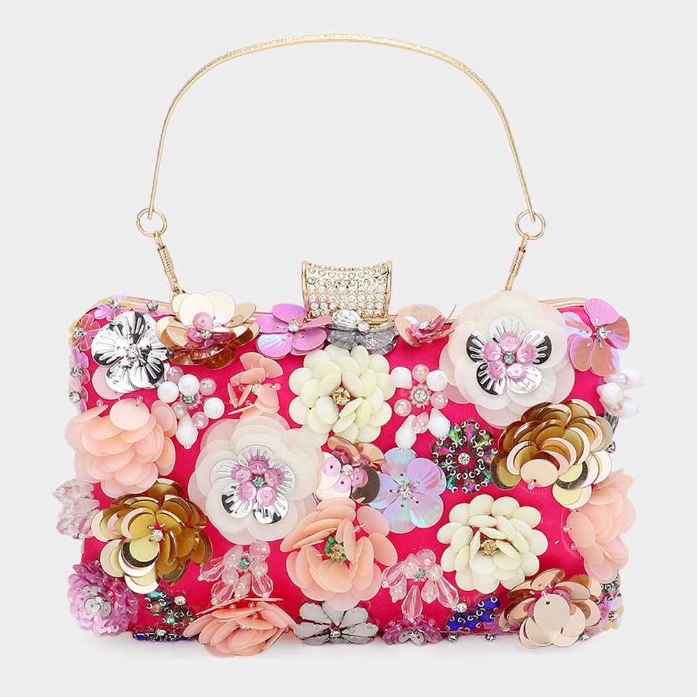 Sequin 3-D Flower Embellished Clutch Evening Bag - Picture 2 of 5